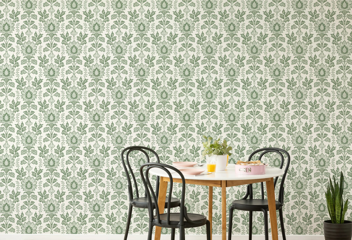 William Morris Style Floral Peel and Stick Wallpaper | Sage Green Bellflowers Wallpaper