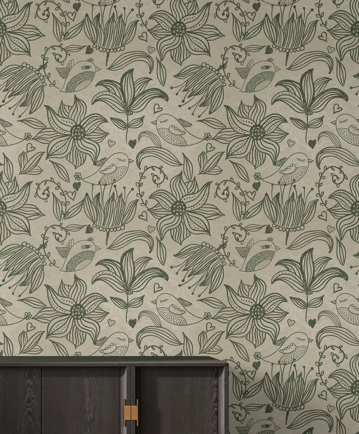 Botanical Bird Floral Wall Decor | Sage Green Line Art Removable Wallpaper