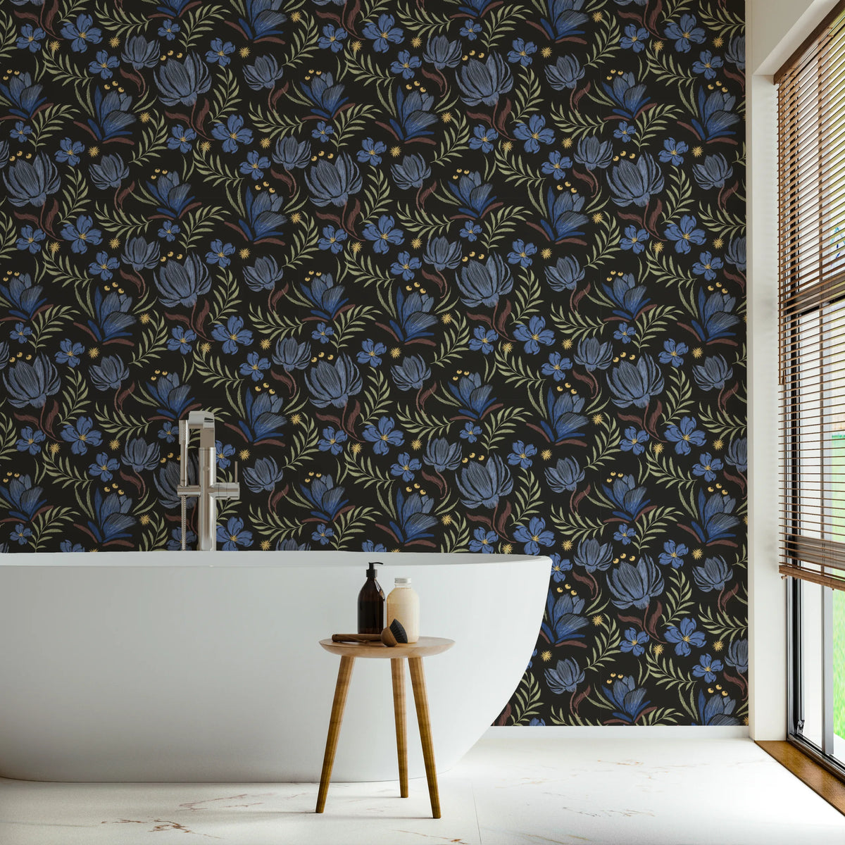 Hand Drawn Blue Peel and Stick Floral Wallpaper