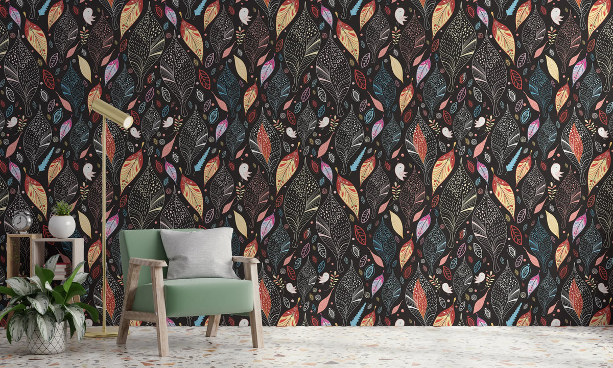 Colorful Leaf Pattern | Modern Botanical Peel and Stick Wallpaper