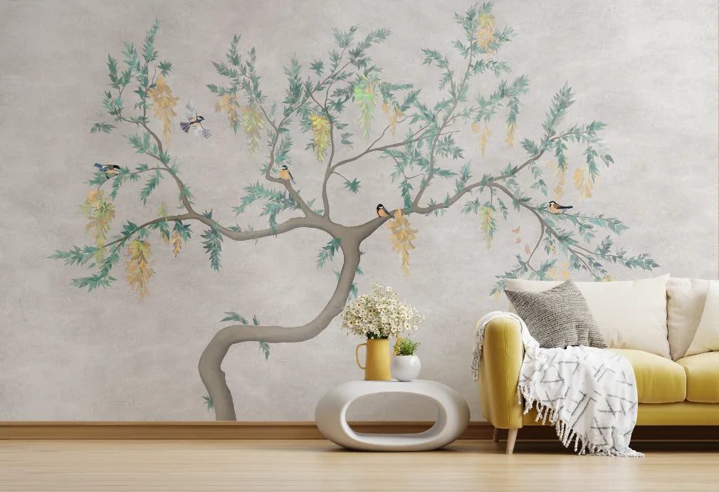 Flowering Tree Birds Wallpaper | Beige Peel-and-Stick Nature Mural