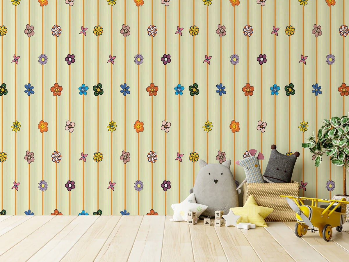 Floral Stripe Wallpaper | Yellow Kids Room Cute Peel & Stick Decor