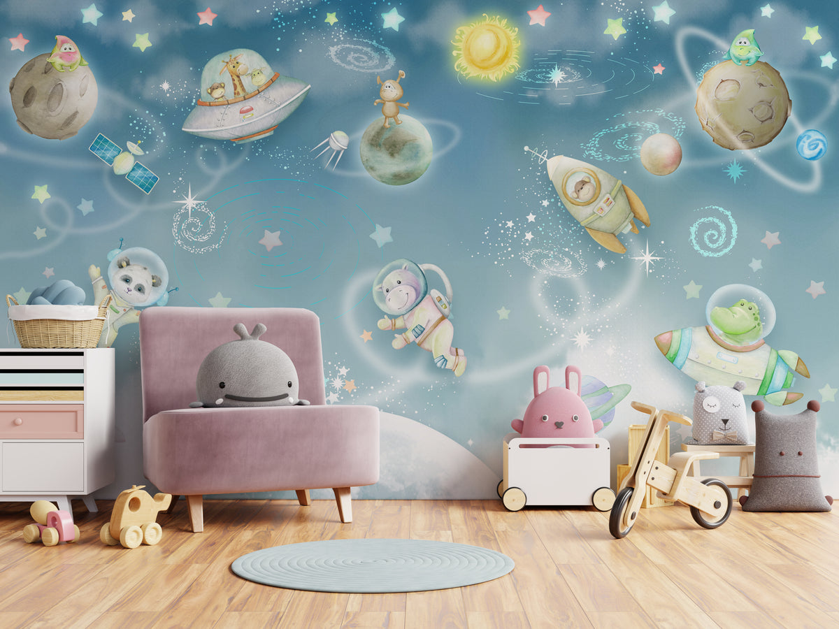 Galaxy Animal Wallpaper | Blue Space Nursery Peel and Stick Wall Mural