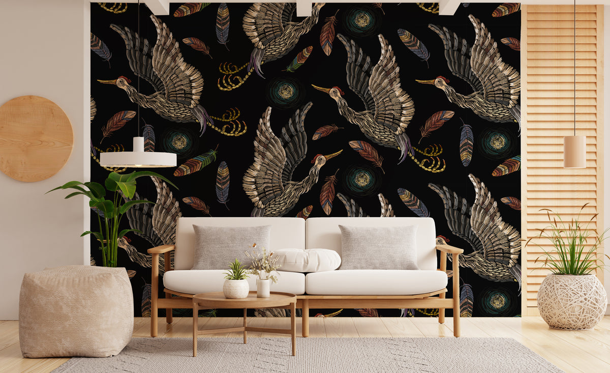 Crane Bird Peel and Stick Wallpaper Dark Artistic Colored Feather Accent Wall