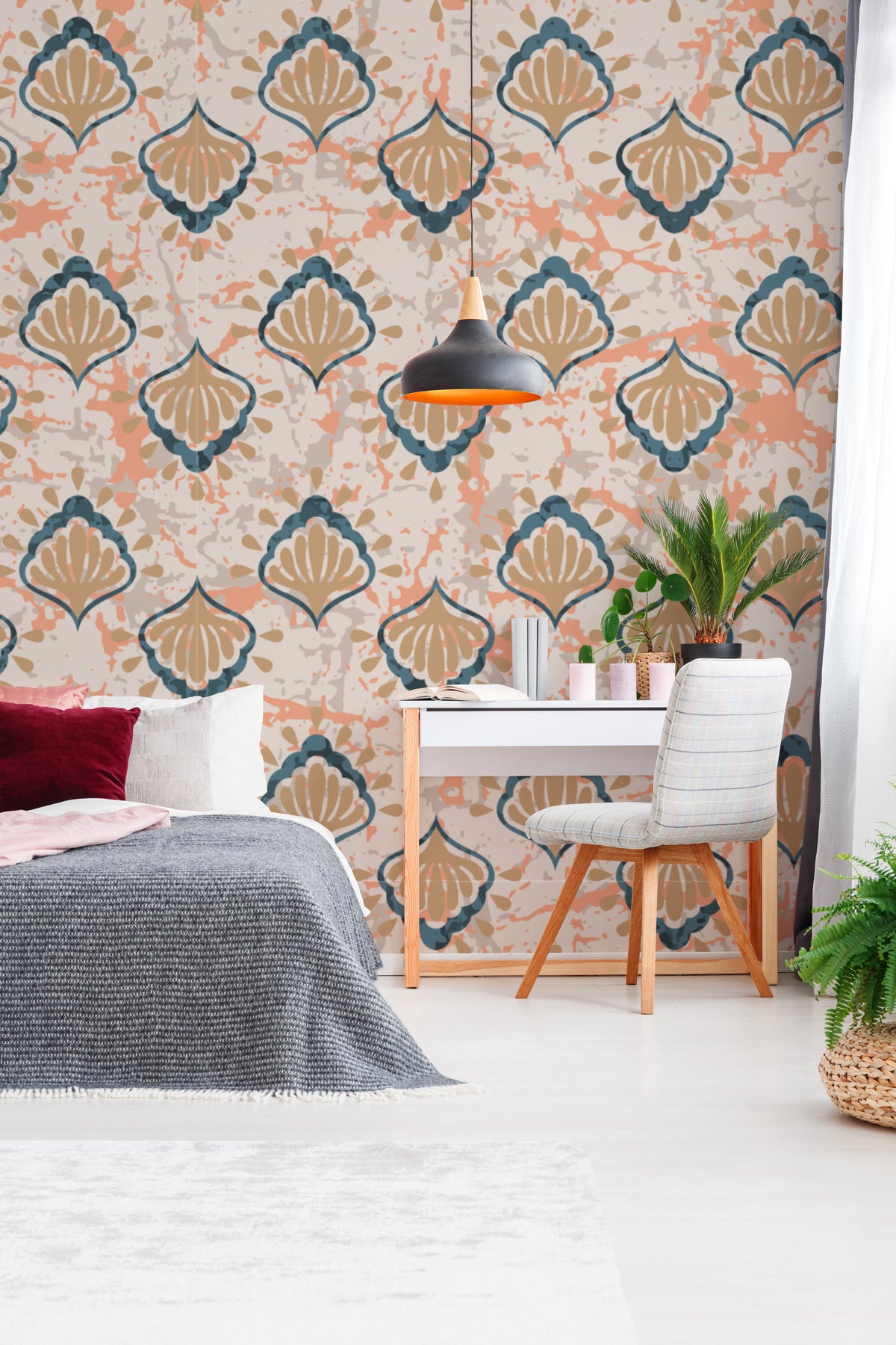 Art Deco Terracotta Scallop Wallpaper Beige Teal Pattern Removable Wall Decor