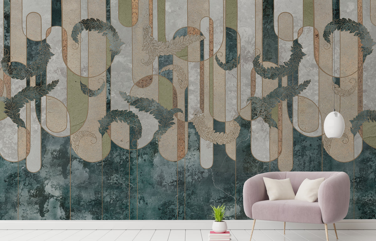 Self Adhesive Art Deco Wallpaper Luxurious Teal and Golden Home Interior Decor