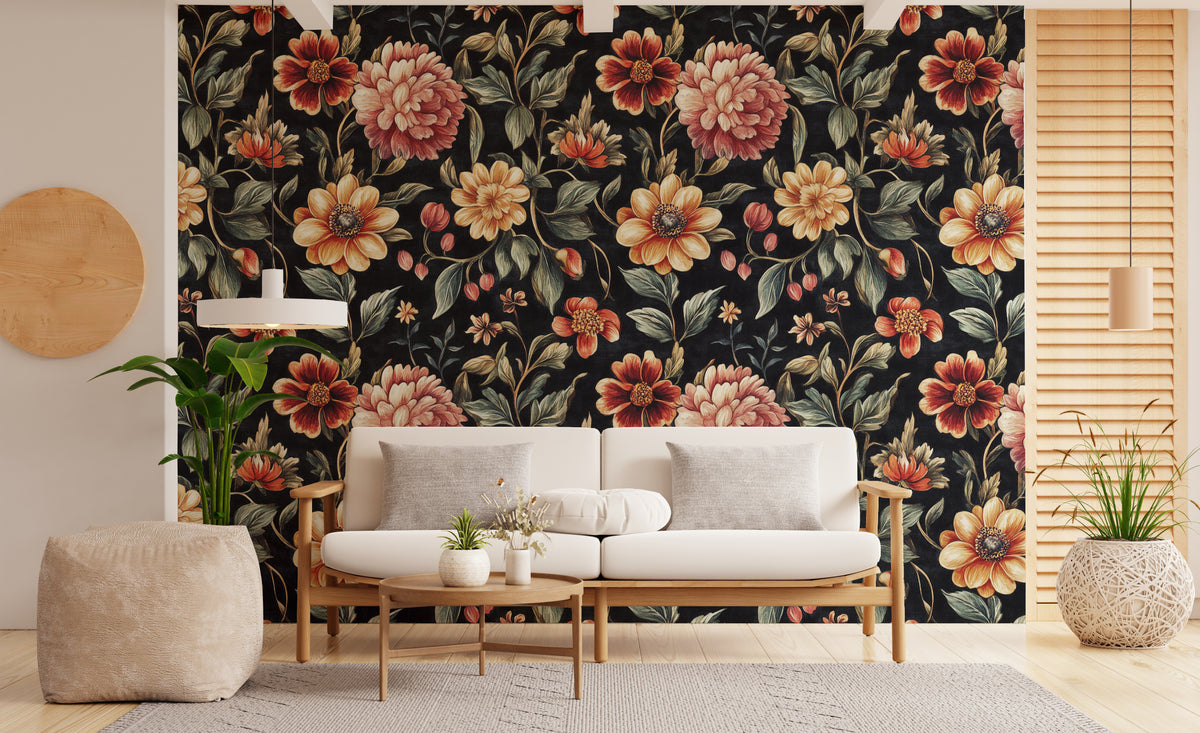 Moody Dark Floral Botanical Peel and Stick Wallpaper Bold Living Room Wall Decor