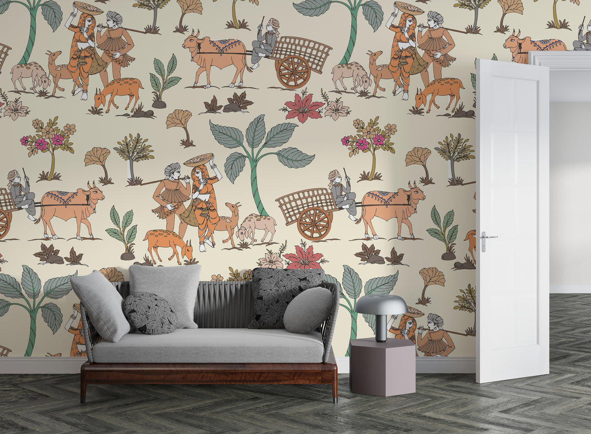 Indian Boho Folk Wallpaper Traditional Village Scene Self-Adhesive Home Styling