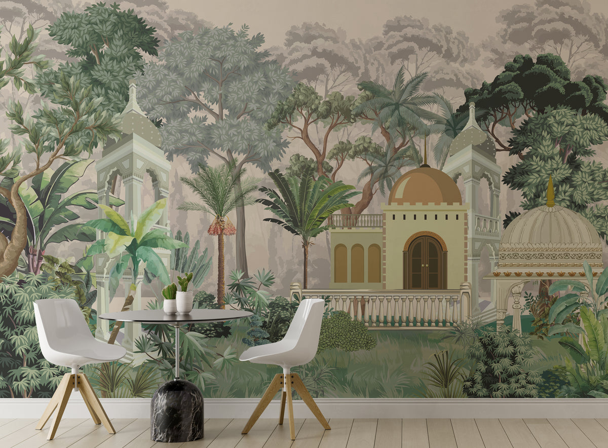 Living Room Tropical Botanical Wallpaper | Green Jungle Indian Palace Wall Mural
