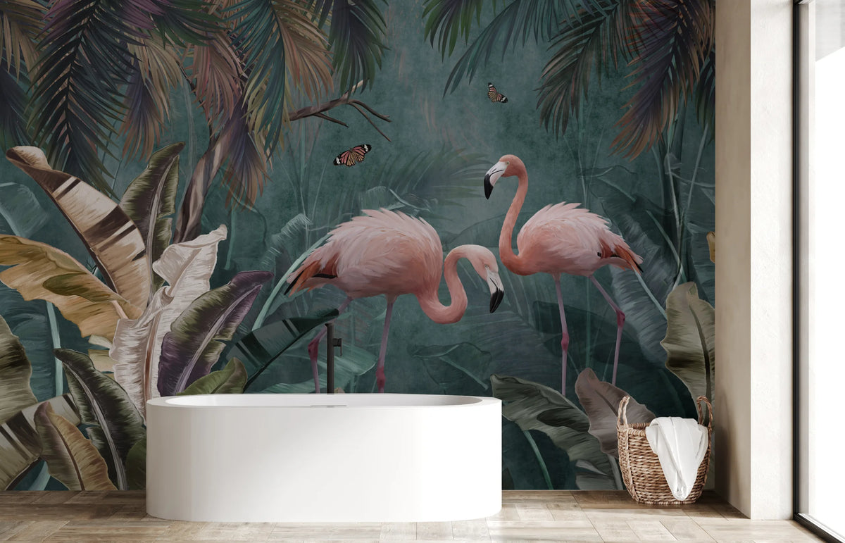 Pink Flamingo Tropical Peel and Stick Wallpaper | Teal Green Jungle Wallpaper