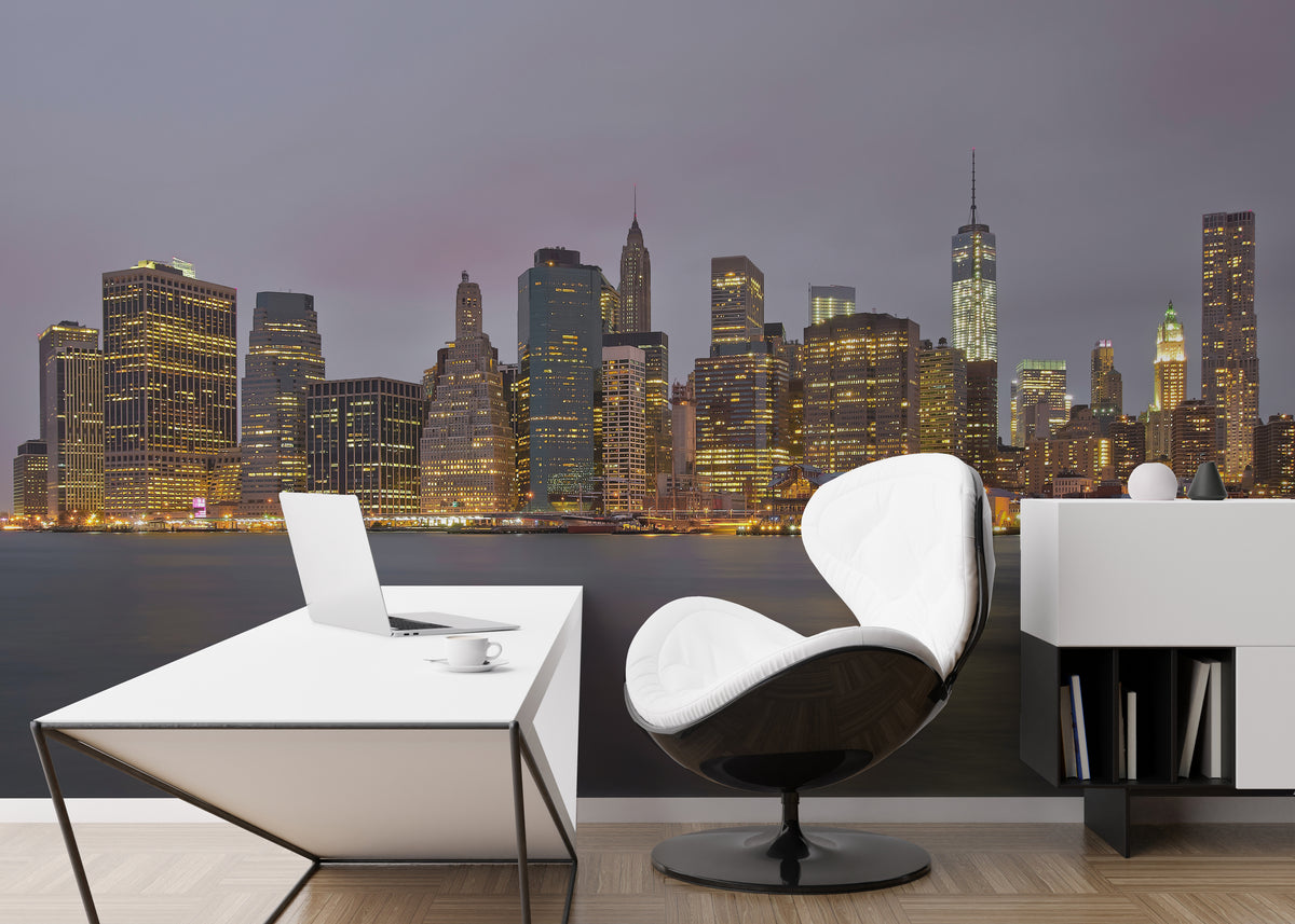 Peel and Stick City Skyline Wallpaper Golden Night Urban Wall Mural