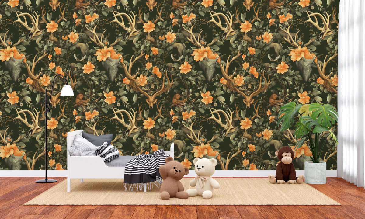 Woodland Animal Wallpaper Deer and Floral Design Kids Room Peel and Stick