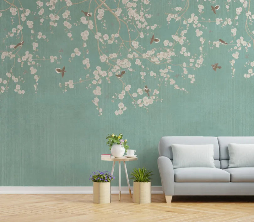 Branches Birds Green Design Vintage Wallpaper
