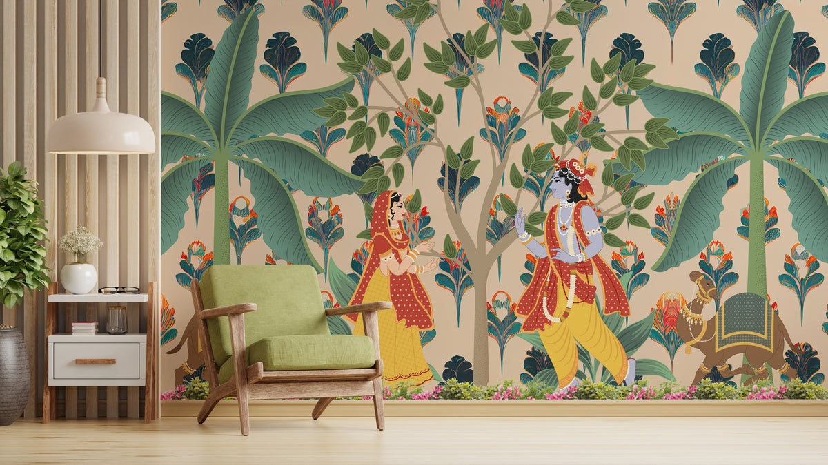 Radha Krishna Pichwai Indian Wallpaper | Pooja Room Peel and Stick Wallpaper