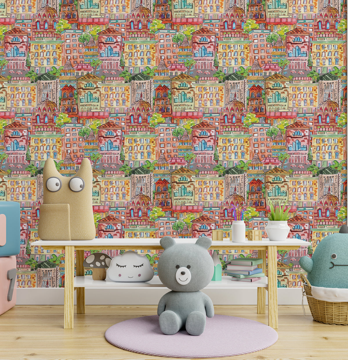 Self-Adhesive Town Pattern Kids Wallpaper Nursery Vibrant Colors Wall Accent