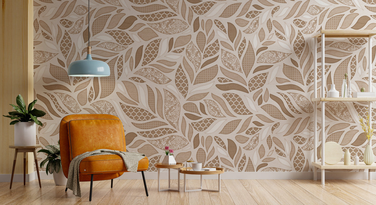 Beige Brown Leaf Design Wallpaper | Modern Botanical Style | Removable Wall Covering