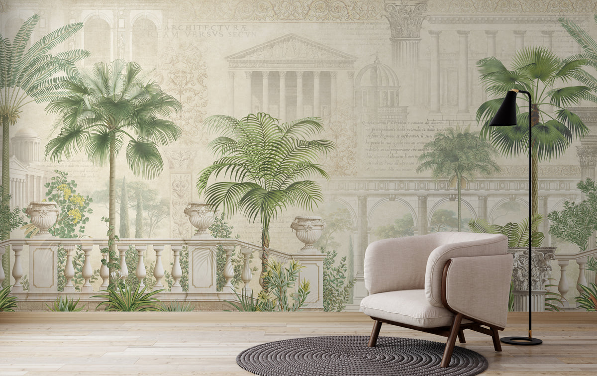 Tropical Palm Wallpaper | Vintage Beige Botanical Living Room Peel and Stick Wallpaper