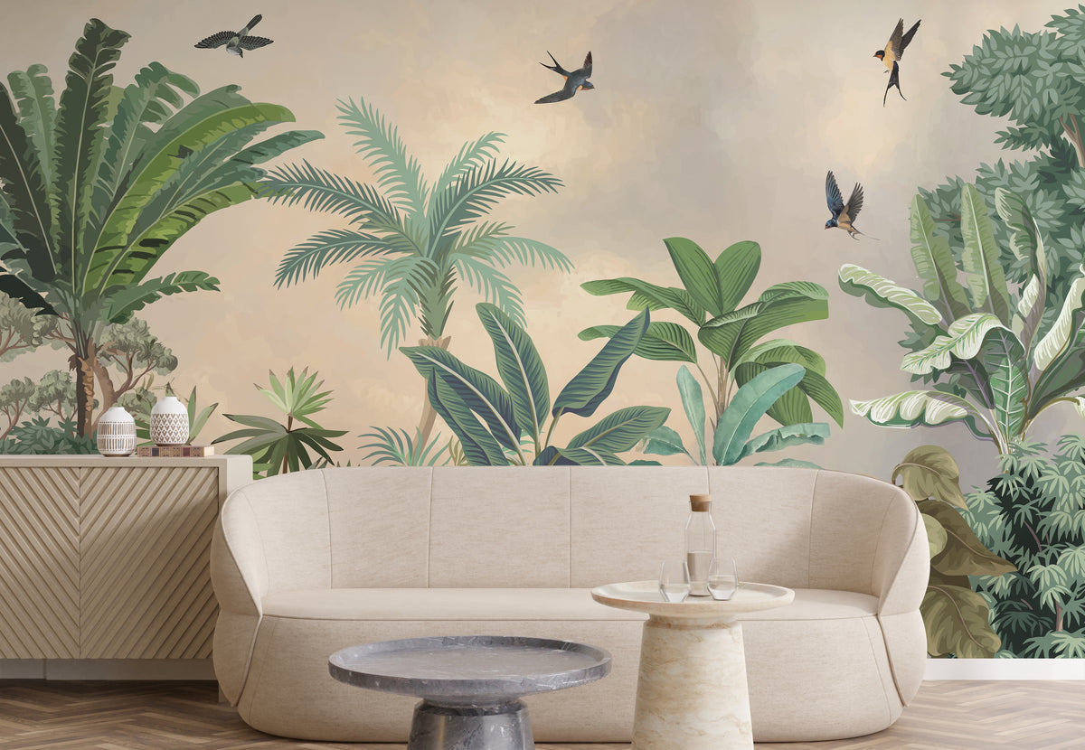 Removable Tropical Botanical Home Decor Soft Beige Jungle Leaf Birds Wallpaper