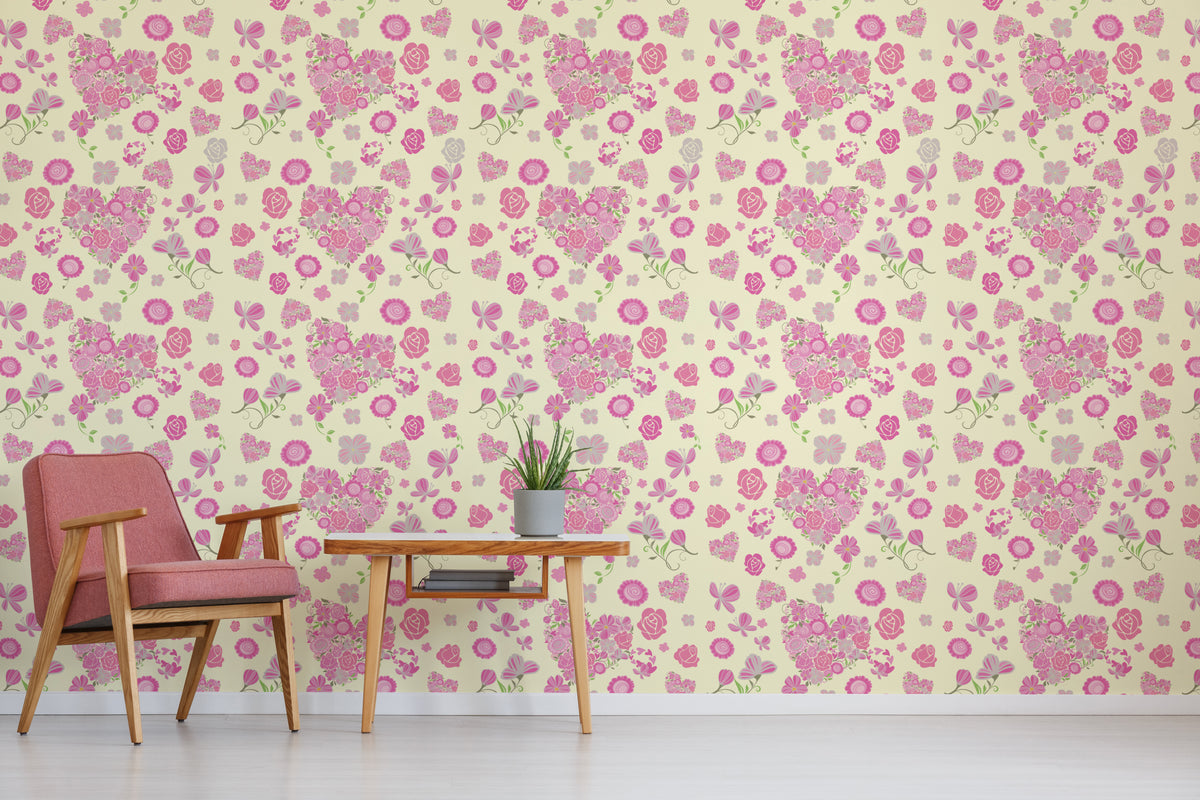 Pink Butterfly Floral Wallpaper | Pastel Heart Peel and Stick Decor