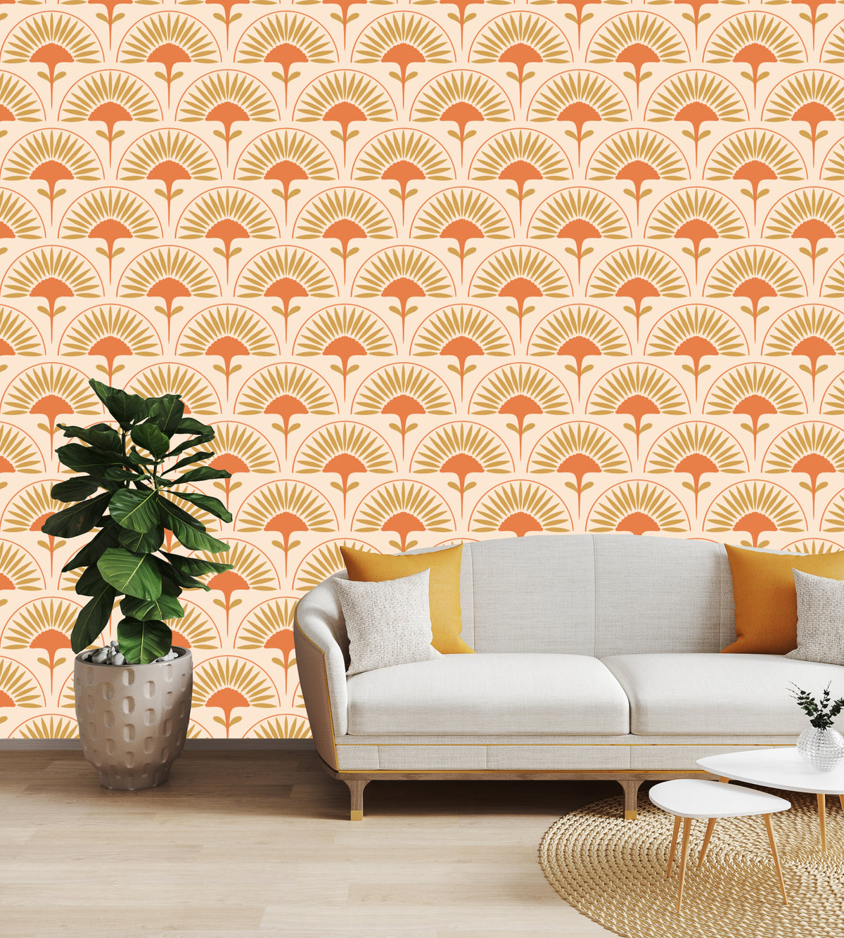 Art Deco Fan Pattern | Orange Geometric Removable Wallpaper