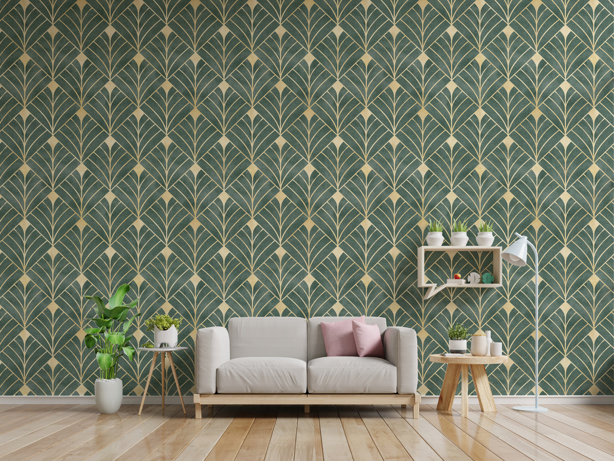 Green and Gold Art Deco Wallpaper | Removable Luxury Wall Decor