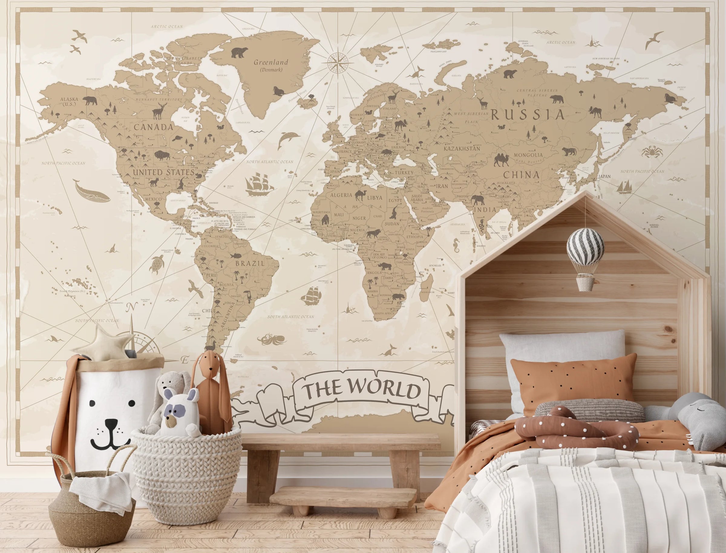 World Map Wall Decor | Beige Educational Kids Room Peel And Stick Wallpaper image 1