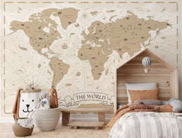World Map Wall Decor | Beige Educational Kids Room Peel And Stick Wallpaper image 1