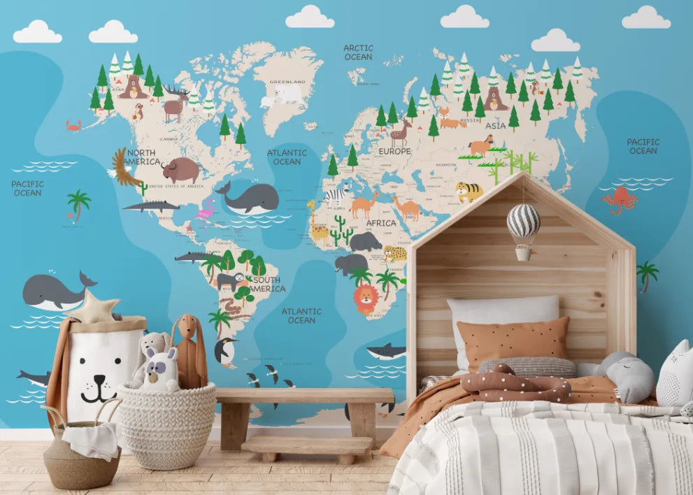 Toddler Animal World Map Peel and Stick Wallpaper