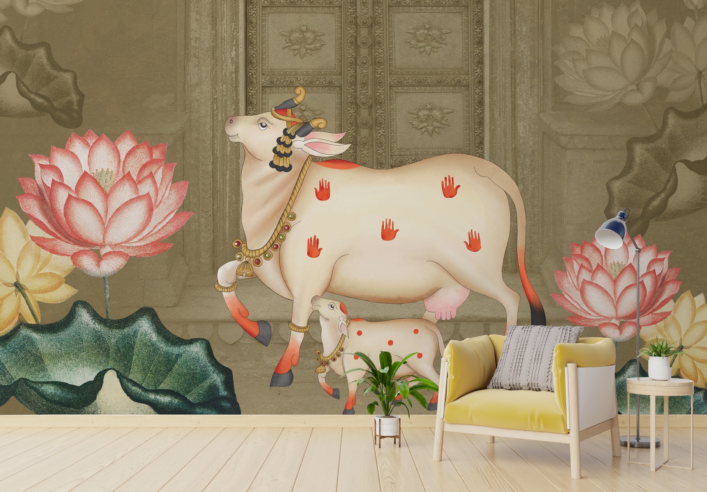 Sacred Pichwai Kamdhenu Wallpaper | Indian Cultural Removable Wall Mural