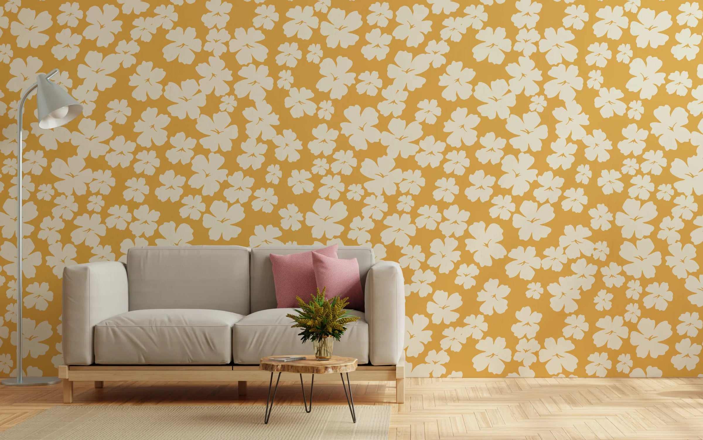White Flower Wall Decor | Mustard Yellow Bloom Peel and Stick Wallpaper image 2
