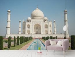 Taj Mahal architectural wall art installed on living room accent wall enhancing elegant heritage interior