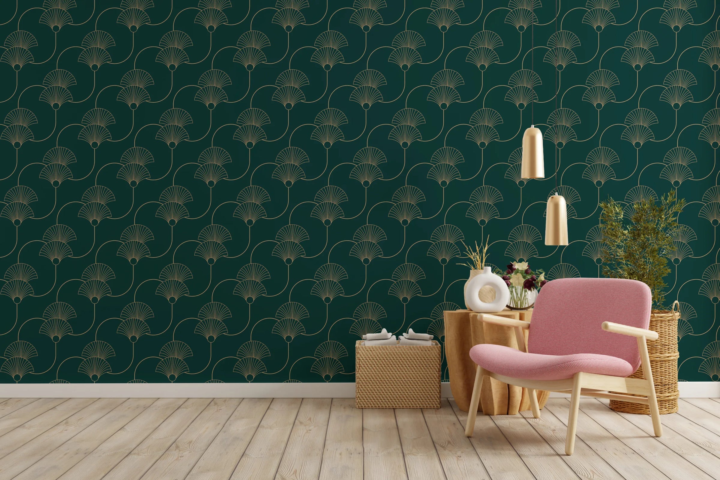 Teel Green Repeat Pattern Removable Art Deco Wallpaper image 3