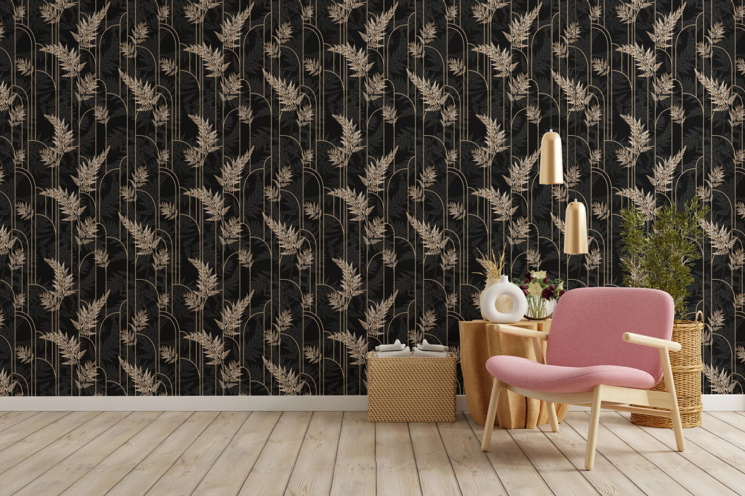 Art Deco Golden Fern Leaves Removable Wallpaper image 1