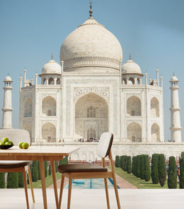 Historic Taj Mahal landmark wallpaper mural installed on dining area accent wall creating timeless architectural ambiance