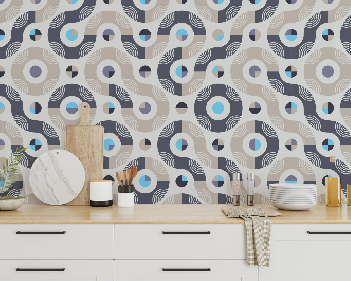 Retro Geometric Wallpaper | Navy Beige Abstract Removable Living Room Decor