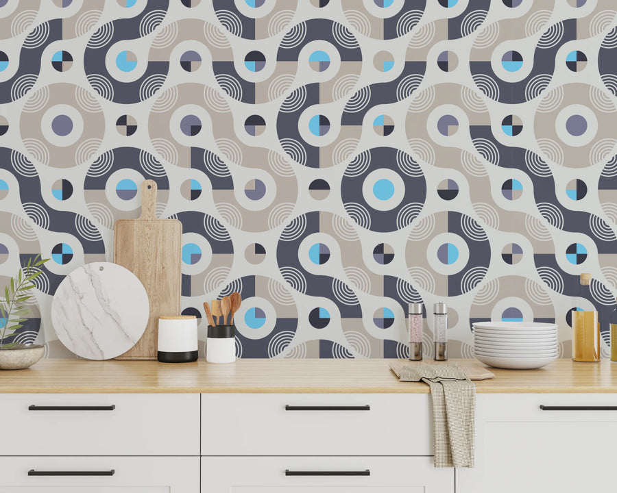 Retro Geometric Wallpaper | Navy Beige Abstract Removable Living Room Decor