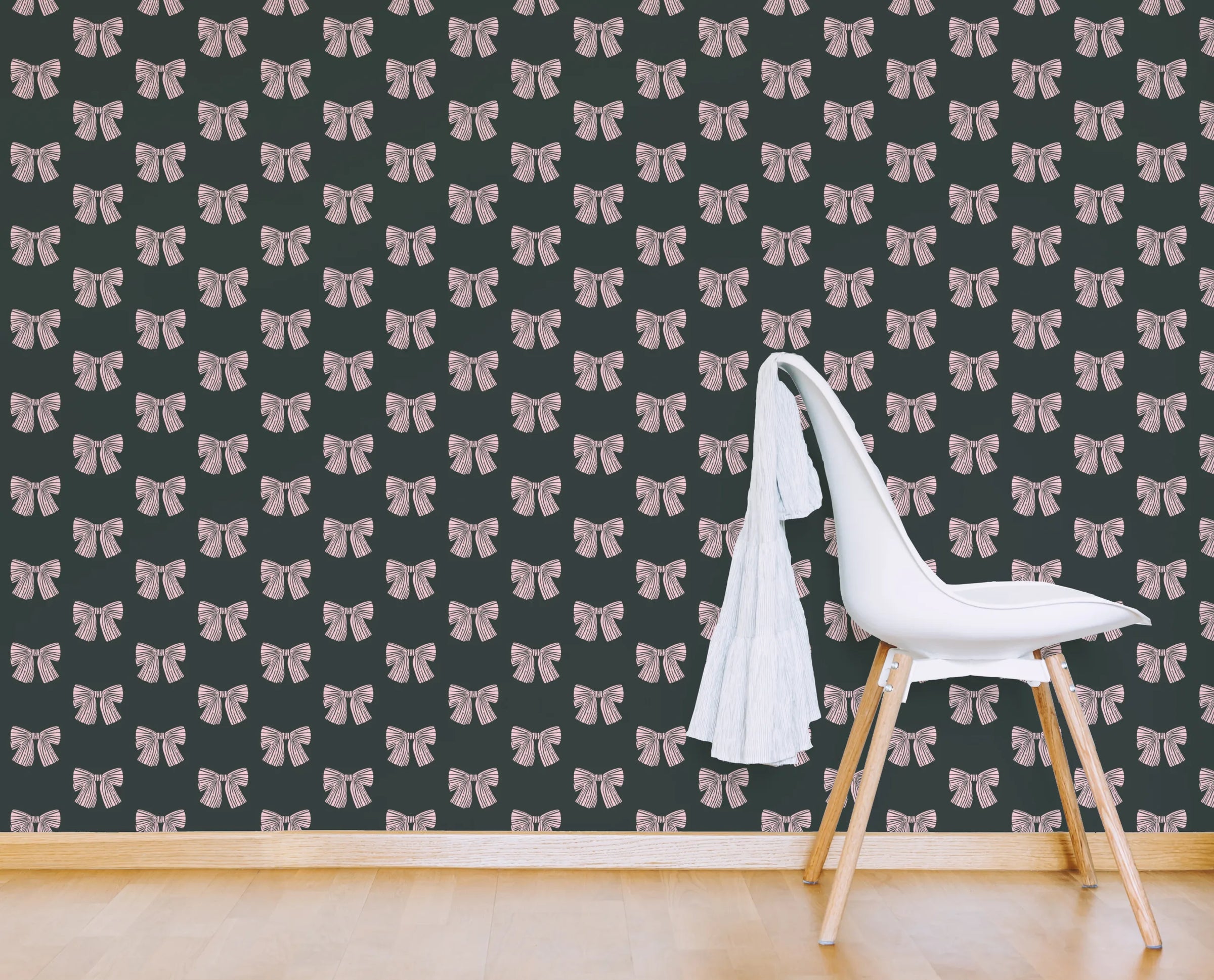 Cute Pink Bow Pattern Wall Covering| Dark Green Peel and Stick Wallpaper image 4