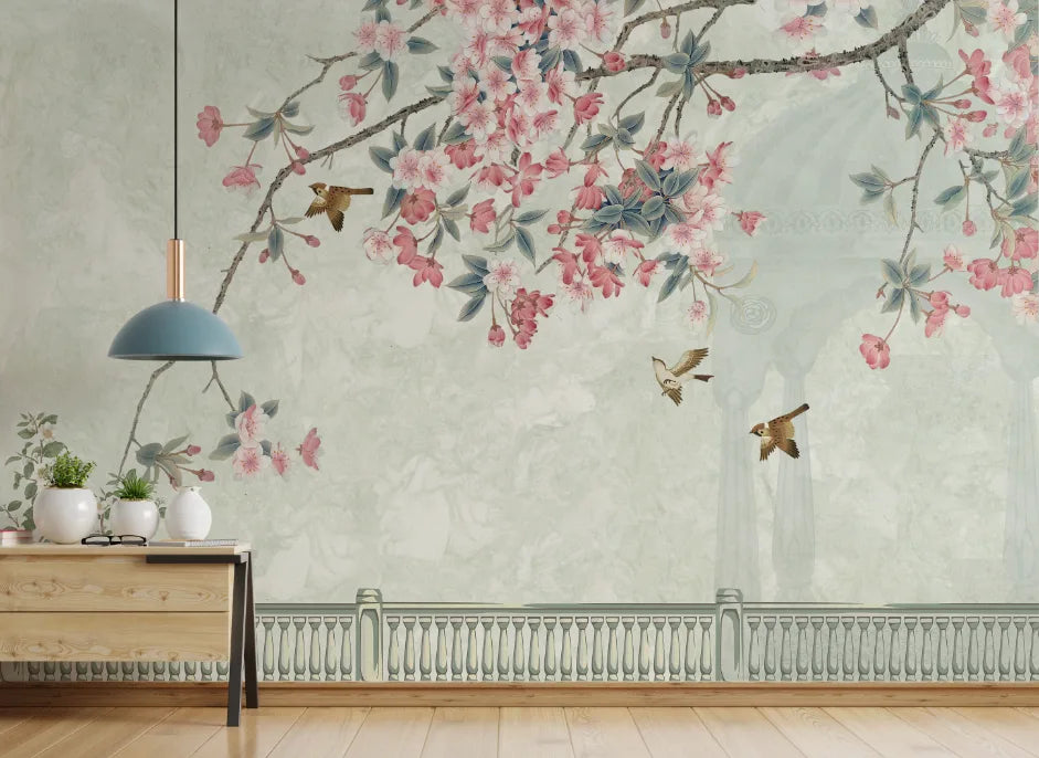 Chinoiserie Bird and Flower | Pink Cherry Blossom Peel and Stick Wallpaper image 0