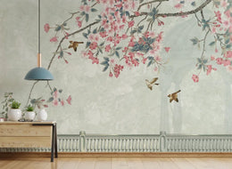 Chinoiserie Bird and Flower | Pink Cherry Blossom Peel and Stick Wallpaper image 0