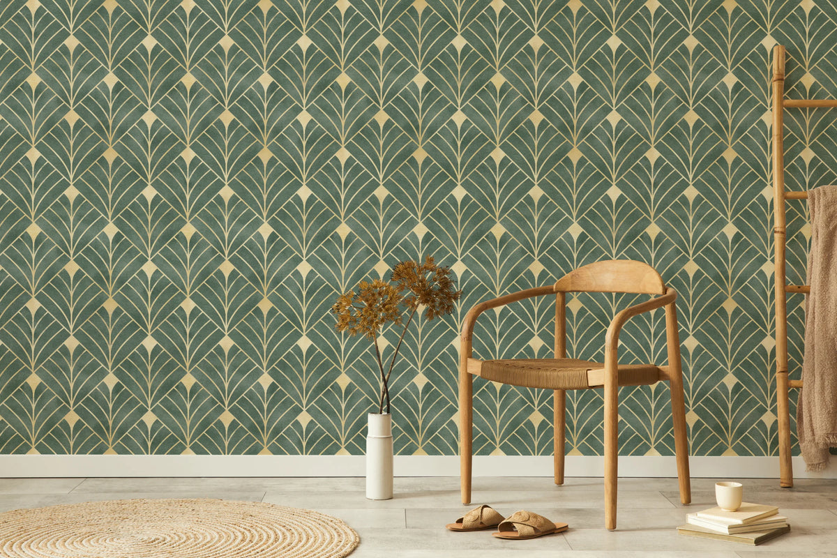 Green and Gold Art Deco Wallpaper | Removable Luxury Wall Decor