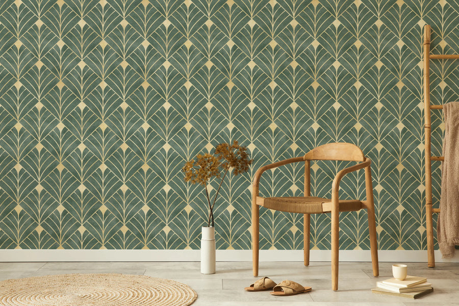 Green and Gold Art Deco Wallpaper | Removable Luxury Wall Decor