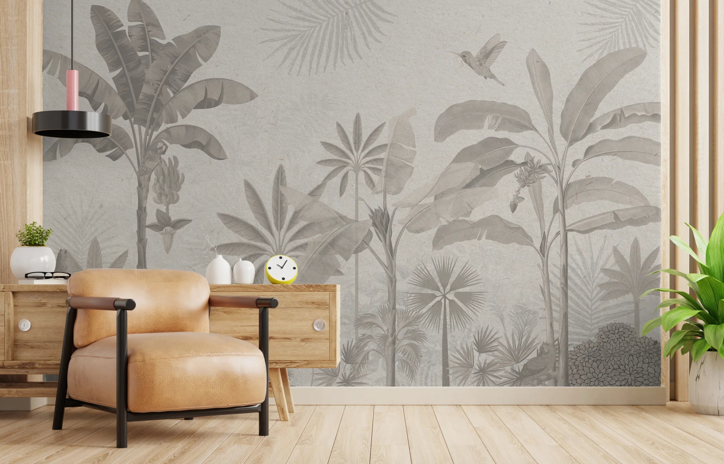 Banana Leaf Wall Mural | Neutral Gray Tropical Peel And Stick Wallpaper image 1