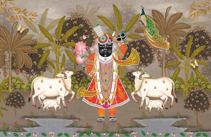 Indian Pichwai Wallpaper | Shreenath Ji Art Pooja Room Peel Stick Wallpaper image 5