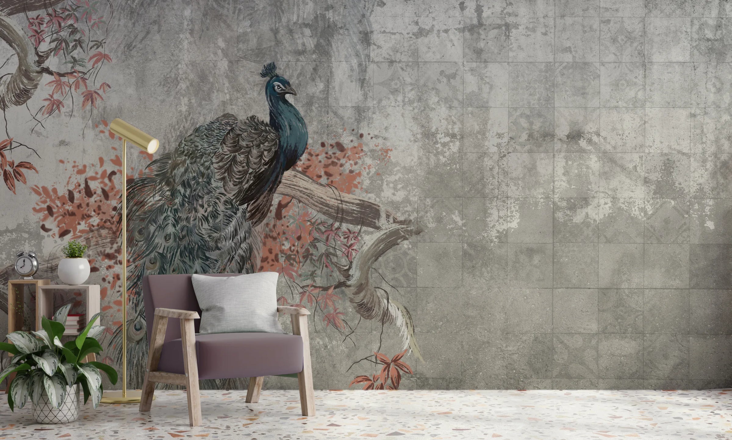 Peacock Concrete Wallpaper | Grey Vintage Peel and Stick Wall Mural image 3