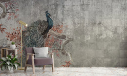 Peacock Concrete Wallpaper | Grey Vintage Peel and Stick Wall Mural image 3