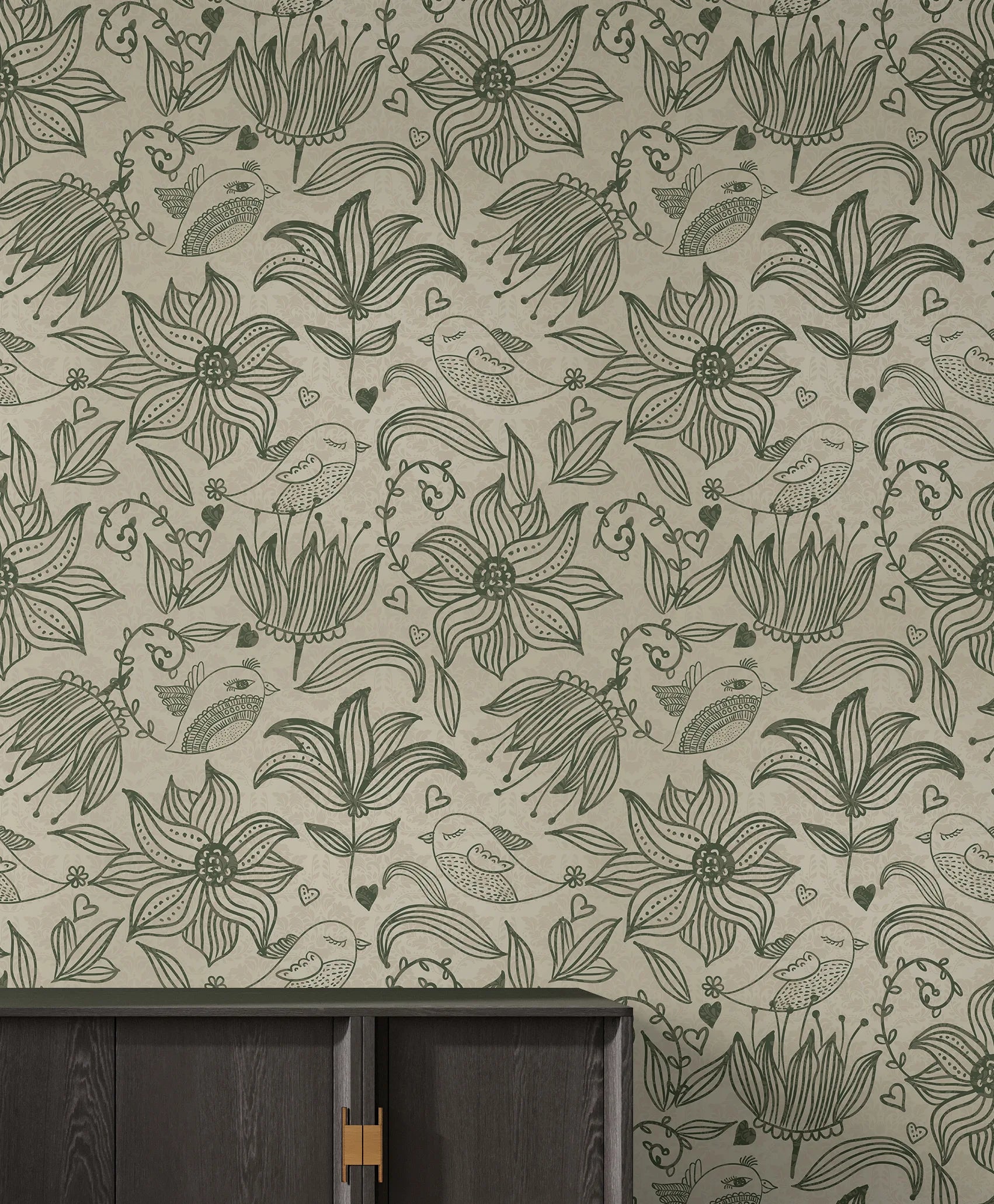Botanical Bird Floral Wall Decor | Sage Green Line Art Removable Wallpaper image 0