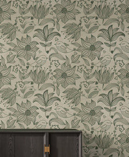 Botanical Bird Floral Wall Decor | Sage Green Line Art Removable Wallpaper image 0