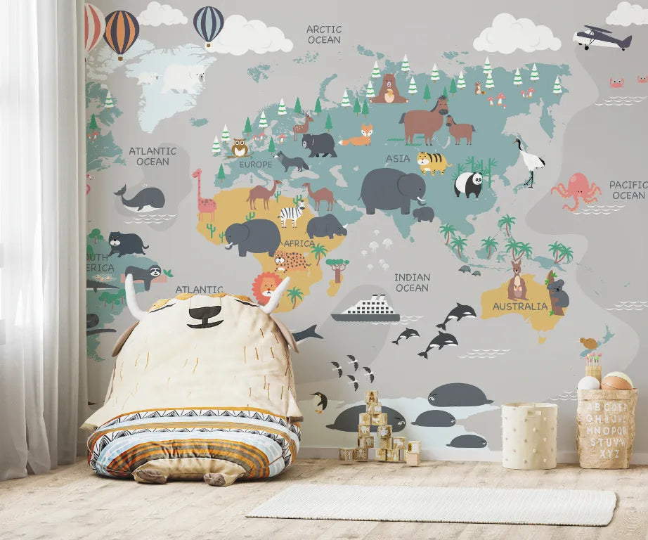 Whimsical Animals World Map Peel and Stick Kids Wallpaper image 1