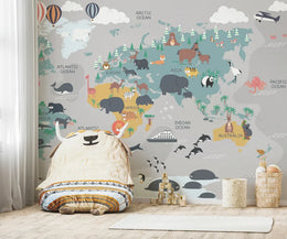 Whimsical Animals World Map Peel and Stick Kids Wallpaper image 1