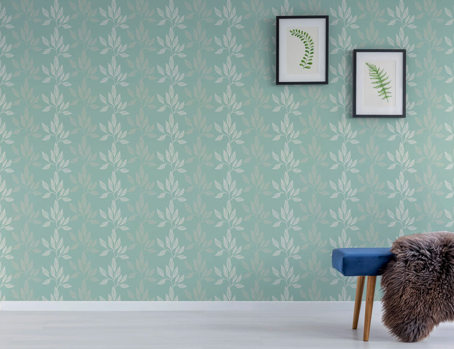 Sage Green Botanical Leaf Wallpaper | Modern Peel and Stick Wall Decor